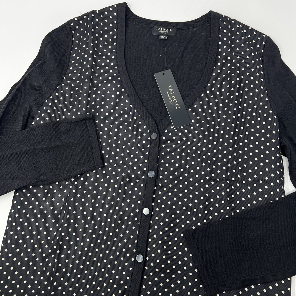 Talbots Silk Button Cardigan Sweater Black Polka Dot Womens‎ Size Petite NWT
